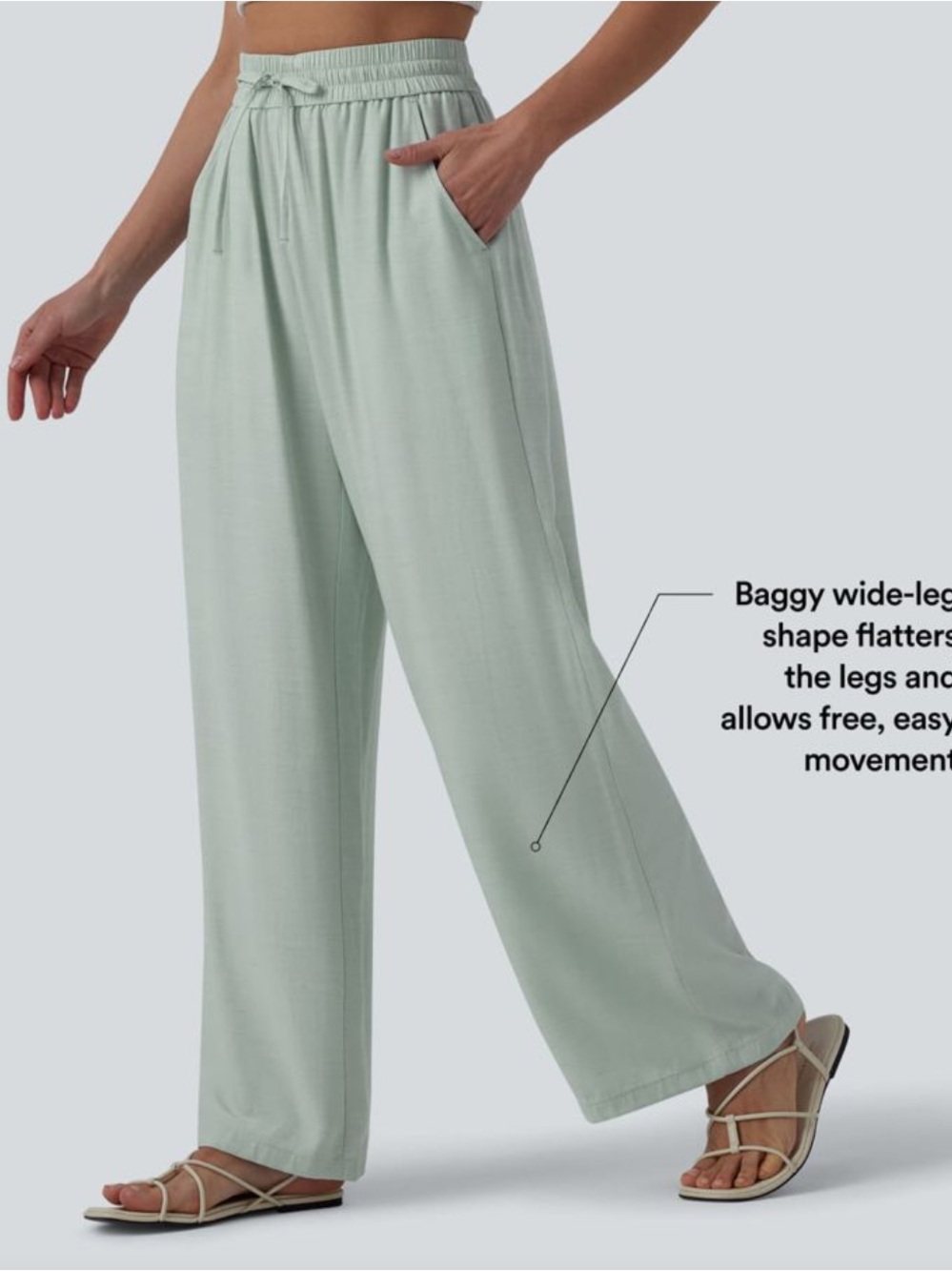 High Waisted Drawstring Wide Leg Casual Linen-Blend Pants Seafoam Green NWT